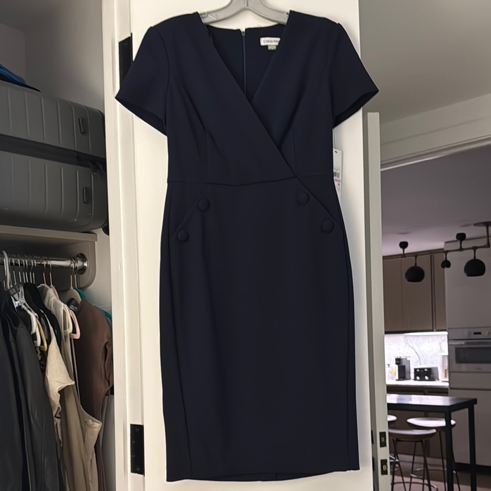 Calvin Klein Black Sheath Midi Dress V-neck Short Sleeve